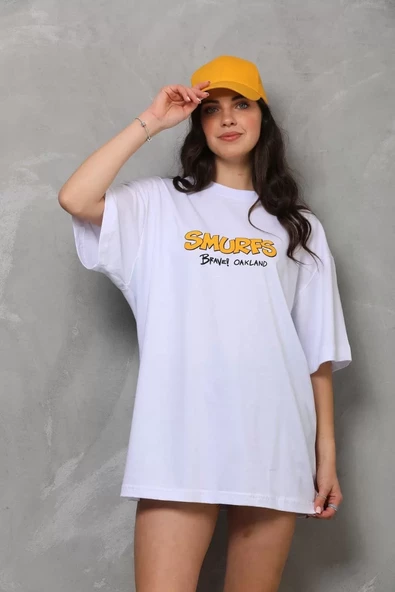 Unisex Bisiklet Yaka Baskılı Oversize T-Shirt - Beyaz - 5