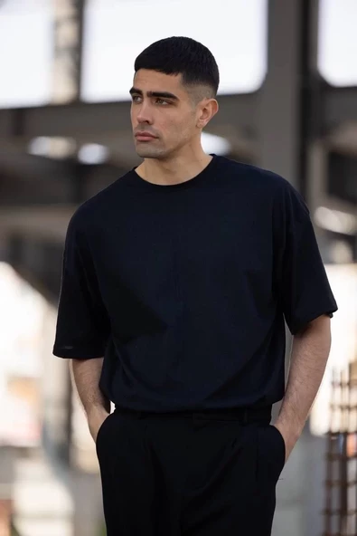 Unisex Düz Biskilet Yaka Oversize T-shirt - Siyah - 2