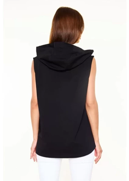 Unisex Kapşonlu Kolsuz Düz Oversize T-shirt - Siyah - 2