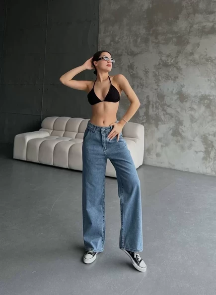Kadın Palazzo Jeans Pantolon - Mavi - 3
