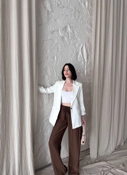 Kadın Keten Blazer Caket - Beyaz - 2