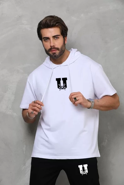 Unisex Kapşonlu Oversize T-Shirt Takım - Beyaz - 2