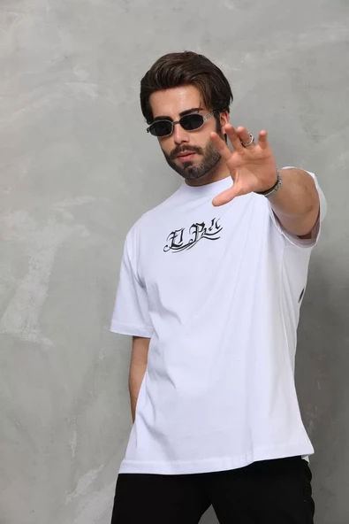 Unisex Bisiklet Yaka Baskılı Oversize T-Shirt - Beyaz - 6