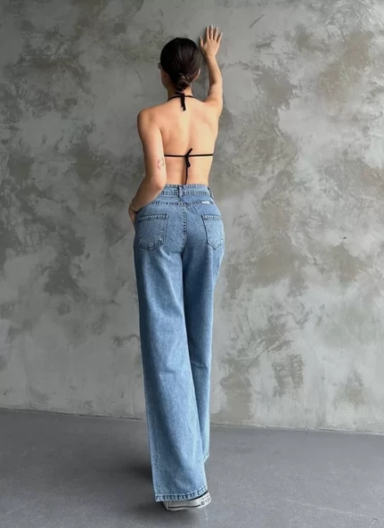 Kadın Palazzo Jeans Pantolon - Mavi - 4
