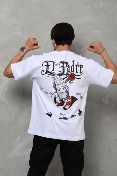 Unisex Bisiklet Yaka Baskılı Oversize T-Shirt - Beyaz - 3