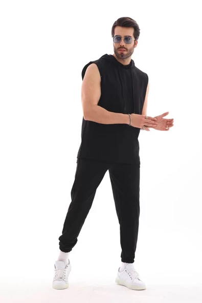 Unisex Kapşonlu Kolsuz Eşofman Takımı- Siyah - 2
