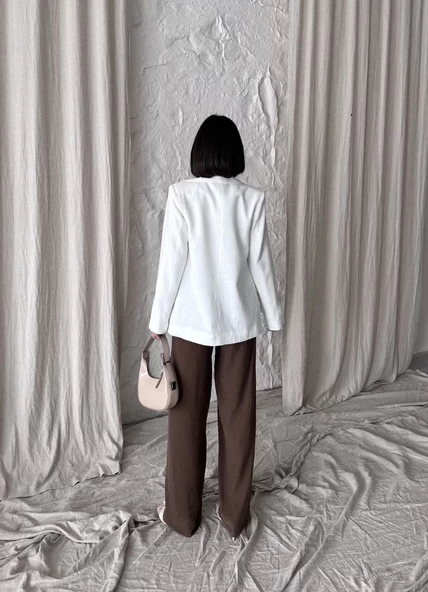 Kadın Keten Blazer Caket - Beyaz - 3