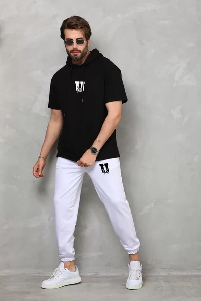 Unisex Kapşonlu Oversize T-Shirt Takım - Siyah - 2