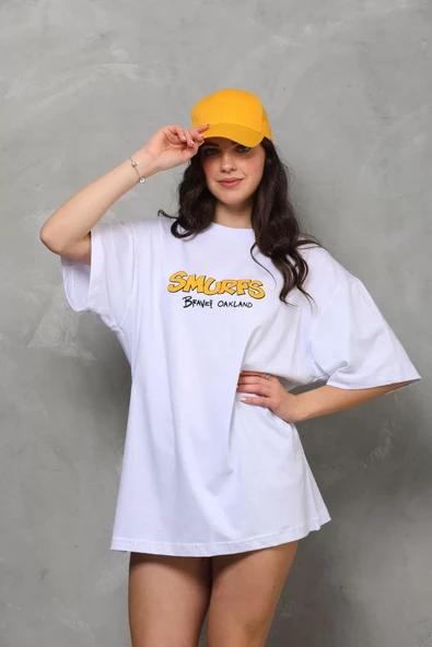 Unisex Bisiklet Yaka Baskılı Oversize T-Shirt - Beyaz - 2