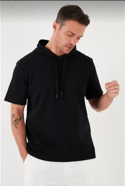 Unisex Kapşonlu Kısa Kol Düz Oversize T-shirt - Siyah - 2