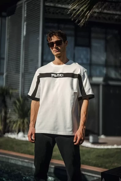 Unisex Fermuarlı Parçalı Baskılı Oversize T-Shirt - Beyaz