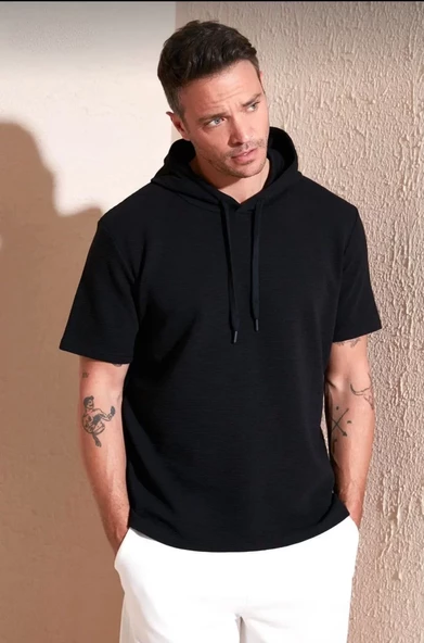 Unisex Kapşonlu Kısa Kol Düz Oversize T-shirt - Siyah - 5