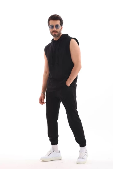 Unisex Kapşonlu Kolsuz Eşofman Takımı- Siyah - 7