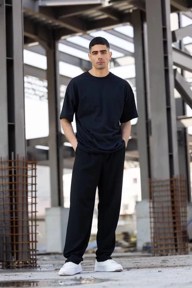 Unisex Düz Biskilet Yaka Oversize T-shirt - Siyah - 3