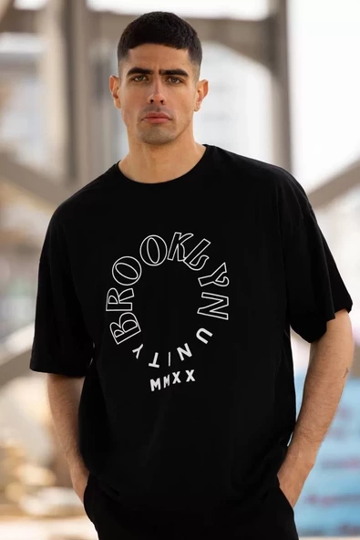 Unisex Bisiklet Yaka Baskılı Oversize T-Shirt - Siyah - 2