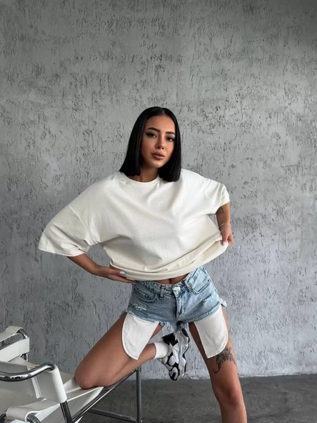 Unisex Düz Biskilet Yaka Oversize T-shirt - Beyaz - 2
