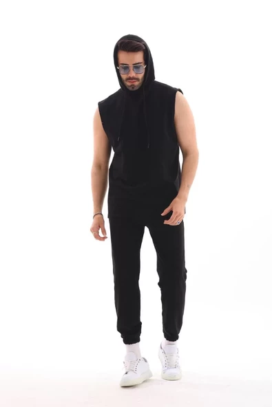 Unisex Kapşonlu Kolsuz Eşofman Takımı- Siyah - 5