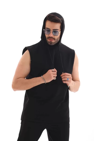 Unisex Kapşonlu Kolsuz Eşofman Takımı- Siyah - 4