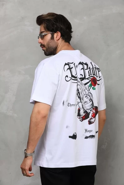 Unisex Bisiklet Yaka Baskılı Oversize T-Shirt - Beyaz - 7