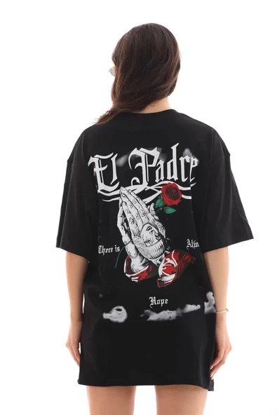 Unisex Bisiklet Yaka Baskılı Oversize T-Shirt - Siyah - 8