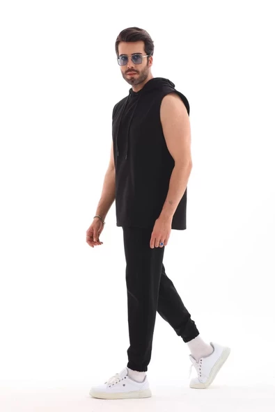 Unisex Kapşonlu Kolsuz Eşofman Takımı- Siyah - 6