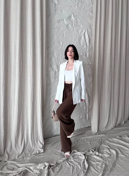 Kadın Keten Blazer Caket - Beyaz - 4