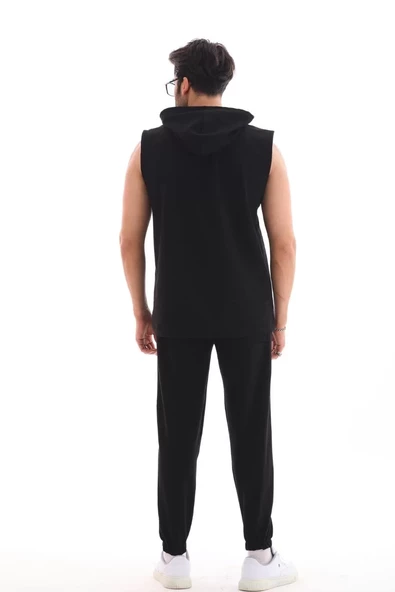 Unisex Kapşonlu Kolsuz Eşofman Takımı- Siyah - 3