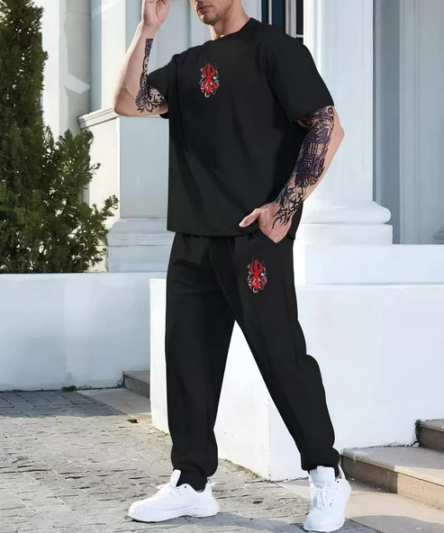 Unisex Baskılı Cepli Eşofman Takımı - Siyah - 2