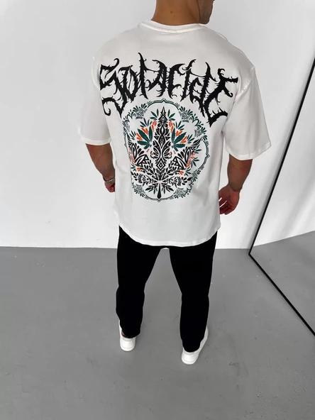 Unisex Bisiklet Yaka Baskılı Oversize T-Shirt - Beyaz - 3