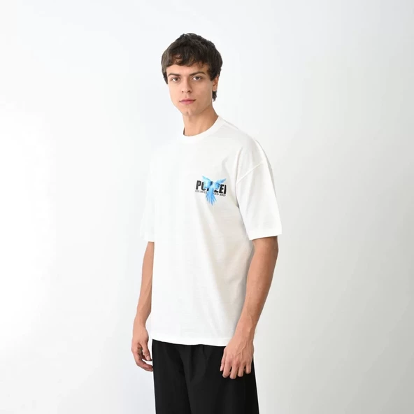 Unisex Bisiklet Yaka Baskılı Oversize T-Shirt - Beyaz - 3