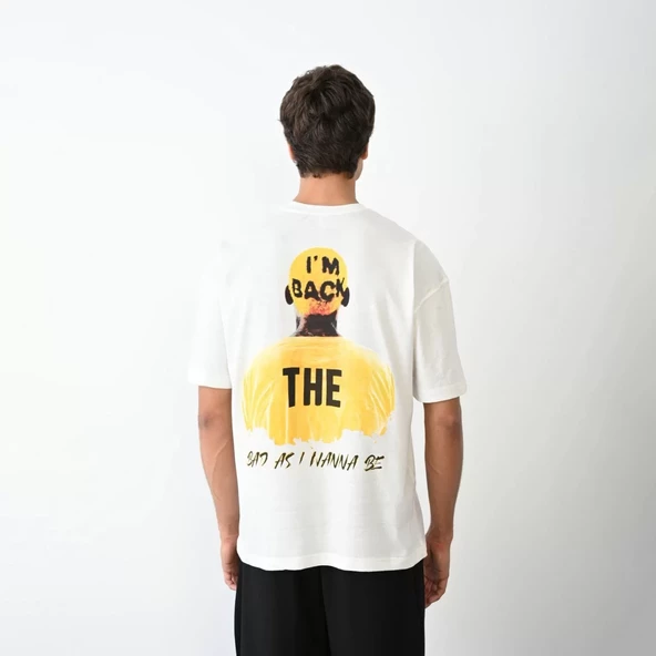 Unisex Bisiklet Yaka Baskılı Oversize T-Shirt - Beyaz - 4