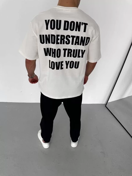 Unisex Bisiklet Yaka Baskılı Oversize T-Shirt - Beyaz - 3