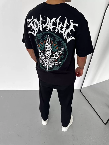 Unisex Bisiklet Yaka Baskılı Oversize T-Shirt - Siyah - 2