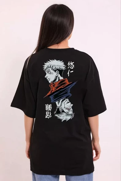 Unisex Bisiklet Yaka Baskılı Oversize T-Shirt - Siyah - 2