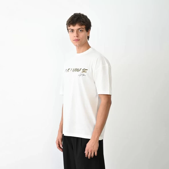 Unisex Bisiklet Yaka Baskılı Oversize T-Shirt - Beyaz - 2