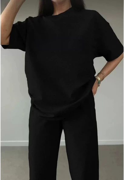 Unisex Düz T-Shirt ve Eşofman Takımı - Siyah - 3