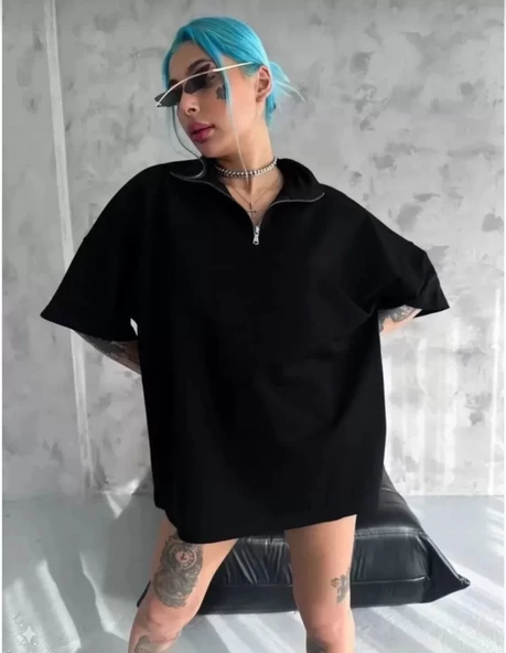 Unisex Yarım Fermuarlı Düz Oversize T-Shirt - Siyah