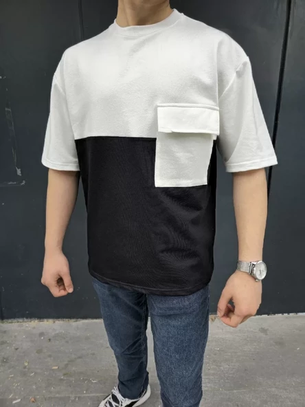 Unisex Torba Cep Detaylı Parçalı T-Shirt - Siyah - 6