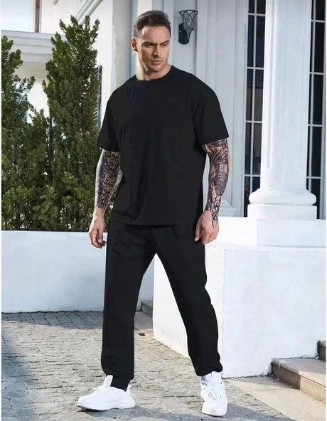 Unisex Düz T-Shirt ve Eşofman Takımı - Siyah - 2