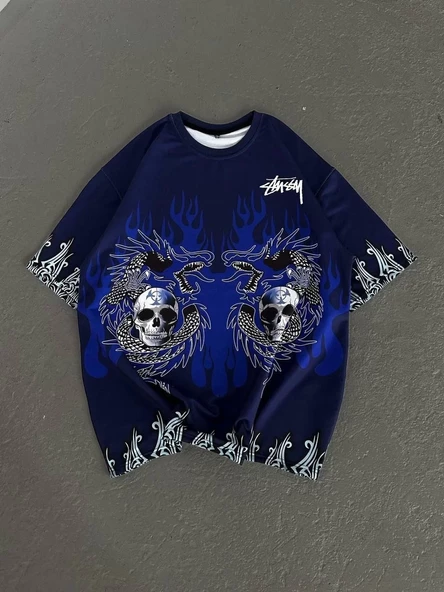 Unisex Bisiklet Yaka Baskılı Oversize T-Shirt - Lacivert - 5