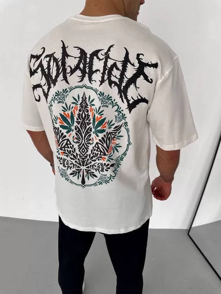 Unisex Bisiklet Yaka Baskılı Oversize T-Shirt - Beyaz - 2