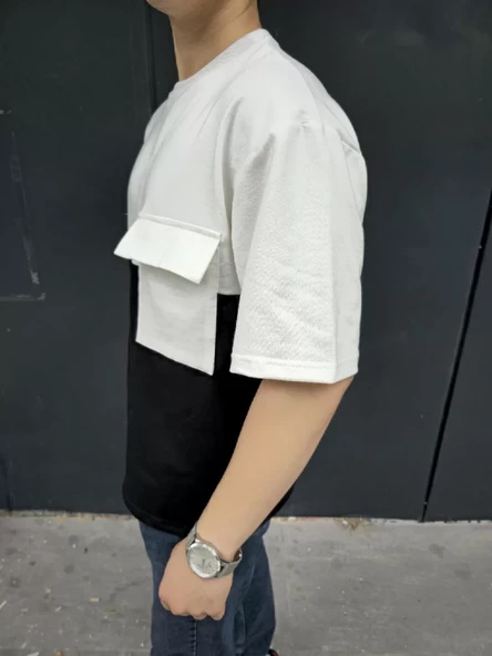 Unisex Torba Cep Detaylı Parçalı T-Shirt - Siyah - 3