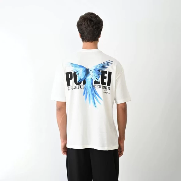 Unisex Bisiklet Yaka Baskılı Oversize T-Shirt - Beyaz - 5