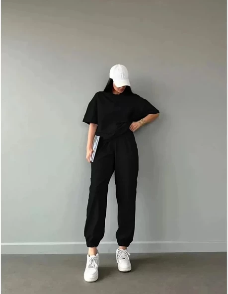 Unisex Düz T-Shirt ve Eşofman Takımı - Siyah - 5