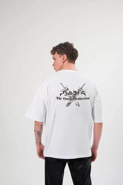 Unisex Bisiklet Yaka Baskılı Oversize T-Shirt - Beyaz - 2