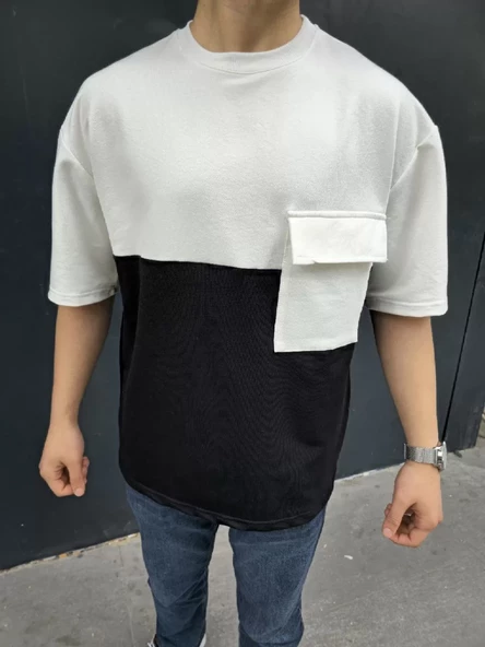 Unisex Torba Cep Detaylı Parçalı T-Shirt - Siyah - 7