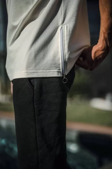 Unisex Yandan Fermuarlı Parçalı T-Shirt - Beyaz - 3