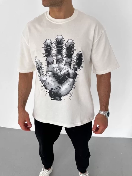 Unisex Bisiklet Yaka Baskılı Oversize T-Shirt - Beyaz - 2