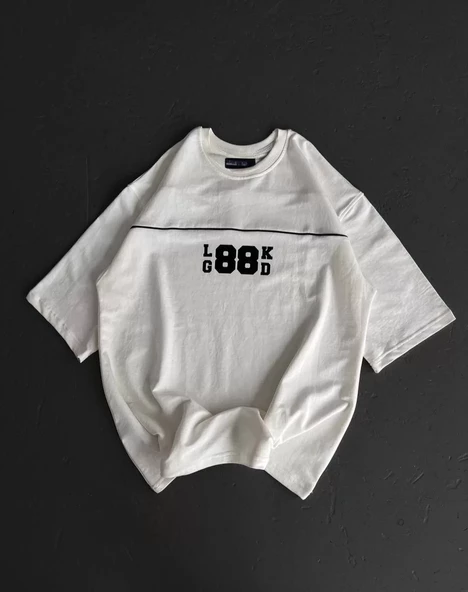 Unisex Bisiklet Yaka Baskılı Oversize T-Shirt - Beyaz