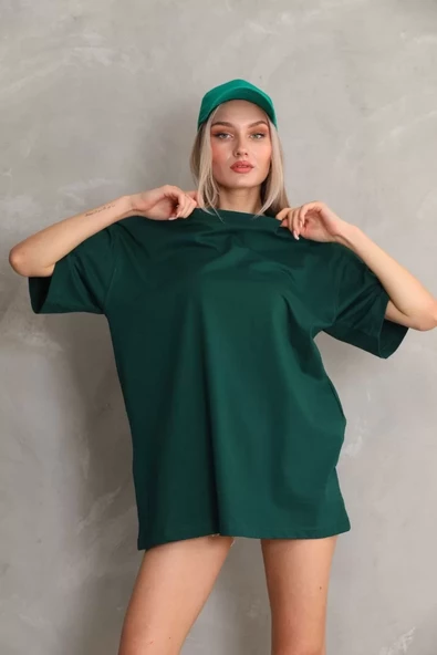 Unisex Bisiklet Yaka  Düz Oversize T-Shirt - Yeşil - 4